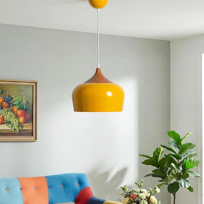 Modern Pendant Light Fxtures Kitchen, Hanging Light Fixtures Ceiling Mount, Wood Metal Shade Pendant Lamp for Dining Room, Bedroom, Living Room, Bathroom, Entryway, Small Chandelier, Glossy Yellow