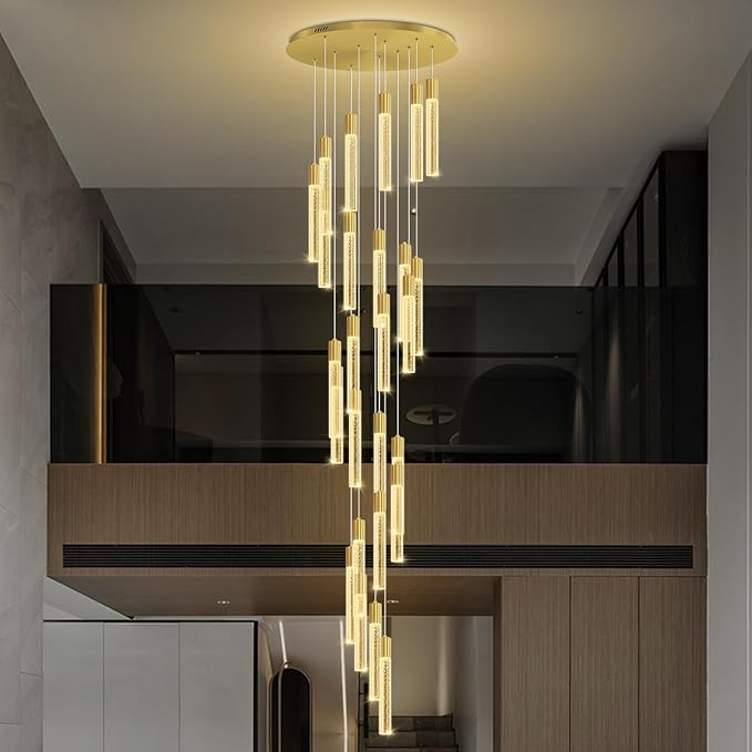 12FT High Ceiling Gold Crystal Chandelier 26-Lights Modern LED Dimmable Pendant Light for Entryway Living Room Dining Room Staircase Foyer Long Hanging Glam Fixture
