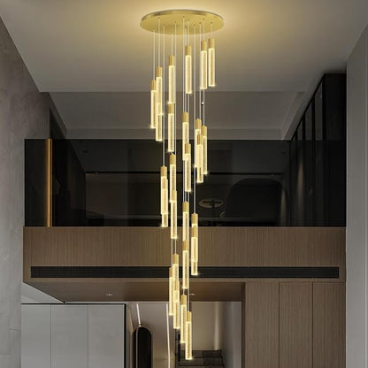 12FT High Ceiling Gold Crystal Chandelier 26-Lights Modern LED Dimmable Pendant Light for Entryway Living Room Dining Room Staircase Foyer Long Hanging Glam Fixture