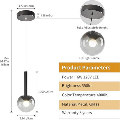 Globe Pendant Lighs for Kitchen Island,Modern LED Black Hanging Light Fixture with Gradient Gray Globe Glass Adjustable Ceiling Lights for Restaurant bar Sink Bathroom Entryway (2-Pack)