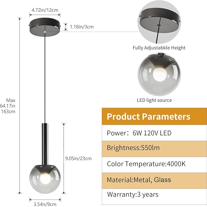 Globe Pendant Lighs for Kitchen Island,Modern LED Black Hanging Light Fixture with Gradient Smoke Glass Globe Glass Adjustable Ceiling Lights for Restaurant bar Sink Bathroom Entryway (3-Pack)