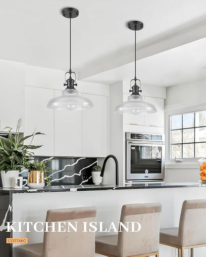Black Glass Pendant Lights Kitchen Island, 12in, Ribbed Glass Kitchen Pendant Lights Fixture, Farmhouse Pendant Lighting for Dining Room Bedroom Bar Sink, 3 Pack