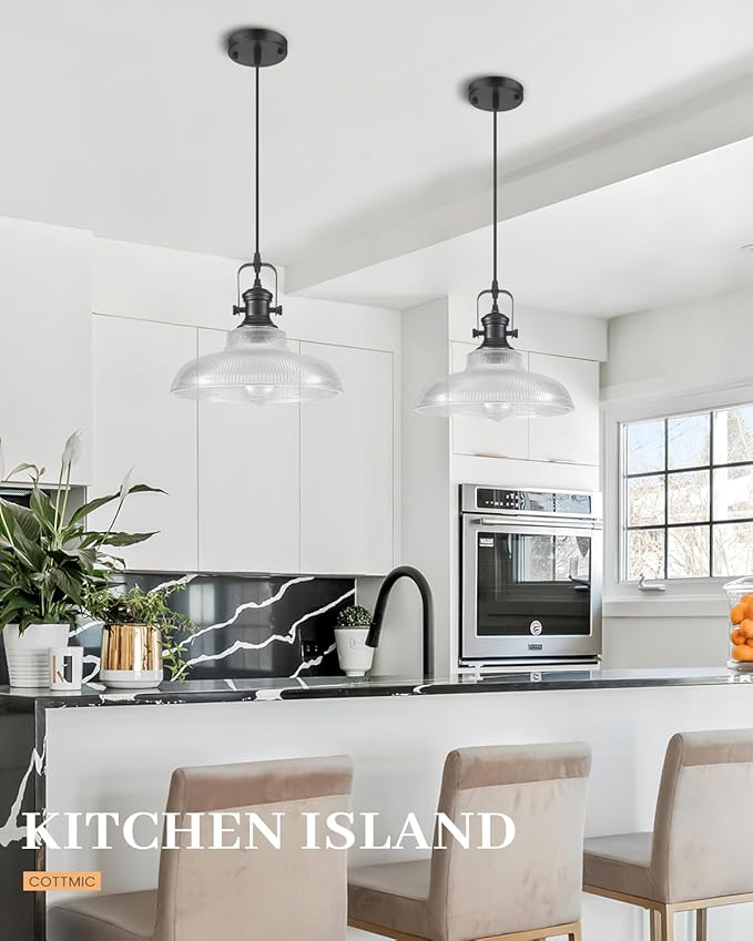 Black Glass Pendant Lights Kitchen Island, 12in, Modern Kitchen Pendant Lights Fixture, Farmhouse Pendant Lighting for Dining Room Bedroom Bar Sink, 2 Pack