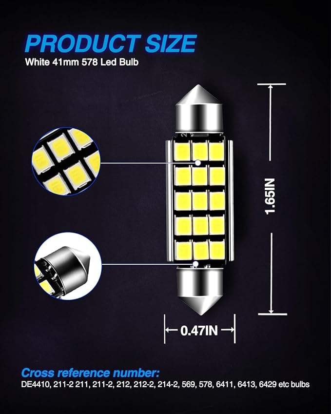 Marsauto 578 LED Bulbs Extremely Bright 400LM 2835 Chipsets for LED Interior Dome Map Door Lights Bulbs 211-2 212-2 569 6411 6451 41mm 42mm 1.65inch 6500K White RV Exterior Lighting (Pack of 4)