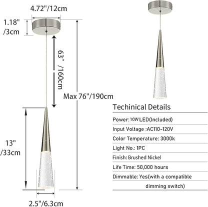 JoollySun Modern Crystal Pendant Light: Brushed Nickel Mini Hanging Light for Kitchen Island Bathroom