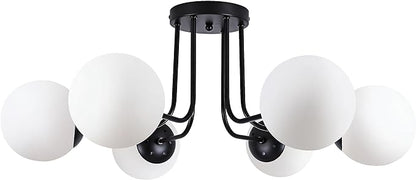 KoKo&Yukina 6-Light Modern Semi Flush Mount Ceiling Light Fixture Mid Century Ceilings Lights Globe Ceiling with Milk Glass Shade Matte Black Finish for Bedroom Hallway Dining Room Living Room