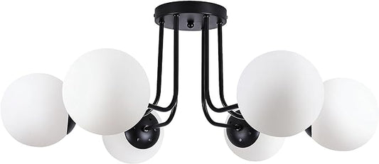 KoKo&Yukina 6-Light Modern Semi Flush Mount Ceiling Light Fixture Mid Century Ceilings Lights Globe Ceiling with Milk Glass Shade Matte Black Finish for Bedroom Hallway Dining Room Living Room