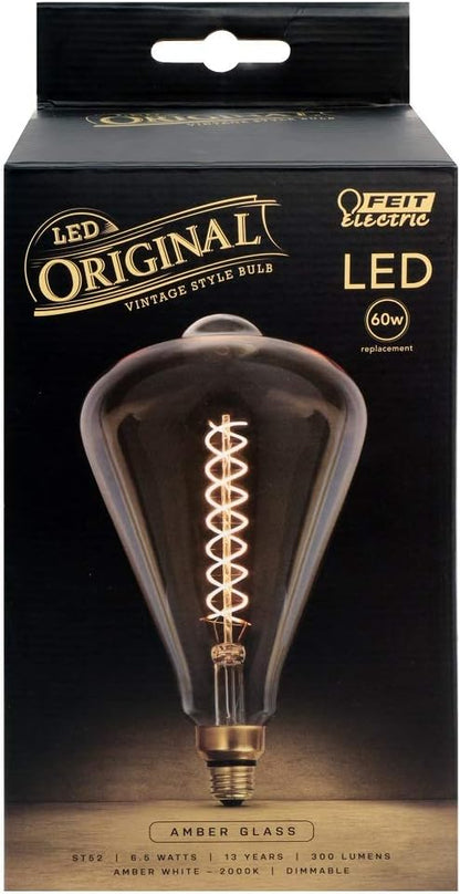 Feit Electric Vintage Exposed Filament Amber Glass LED ST52 with a Medium E26 Base Light Bulb - 60W Equivalent - 10 Year Life - 300 Lumen - 2100K Soft White - Dimmable | Original Vintage (Pack of 3)