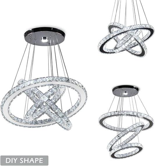 CLAIRDAI Modern Crystal Chandelier LED Chandeliers 3 Ring Pendant Light Adjustable Stainless Steel Ceiling Light Fixture for Dining Room Bedroom Living Room Hallway (6500K Cool White)