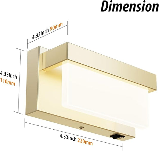 Switched LED Wall Sconce Set of 2, Indoor 8 inch 12 Watt 4000K Hardwired Champagne Wall Mounted Sconce Light with On/Off Switch, Frosted Arcylic Shade Sconces for Bedroom Living Room Bathroom Kitchen