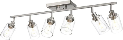 6 Light Track Lighting Kit Brushed Nickel Kitchen Track Lighting Fixtures Ceiling Mount Bathroom Vanity Wall Scones Light Fixture with Clear Glass, Rotatable Spotlight for Kitchen Shop Hallway