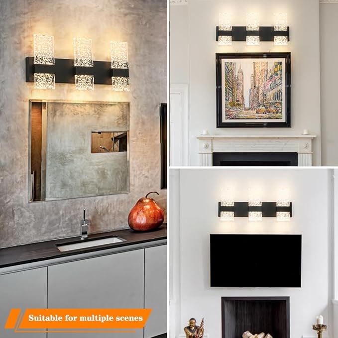 Modern Matte Black 3 Lights Bathroom Vanity Light, Eleglant Black LED Bathroom Light Fixtures over Mirror, Dimmable Acrylic Shade Wall Lighting Fixtures, Hardwired Wall Light(H9.25in, L21.26in)