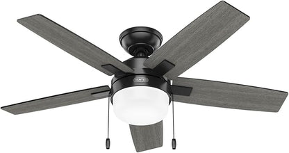 Hunter 44 inch Indoor Ceiling Fan with LED Light - Black Ceiling Fan with Pull Chain, For Bedroom or Living Room, Standard Mount, No Remote, 5 Blades, Includes Bulbs - Anisten 52486, Matte Black