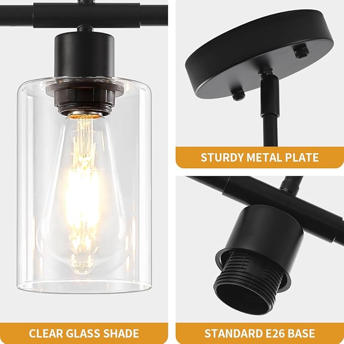 Modern Island Lights for Kitchen, Clear Glass Pendant Lighting Over Island Kitchen Hanging Light Fixtures 3-Light Black Farmhouse Chandelier for Dining Room Foyer Living Room
