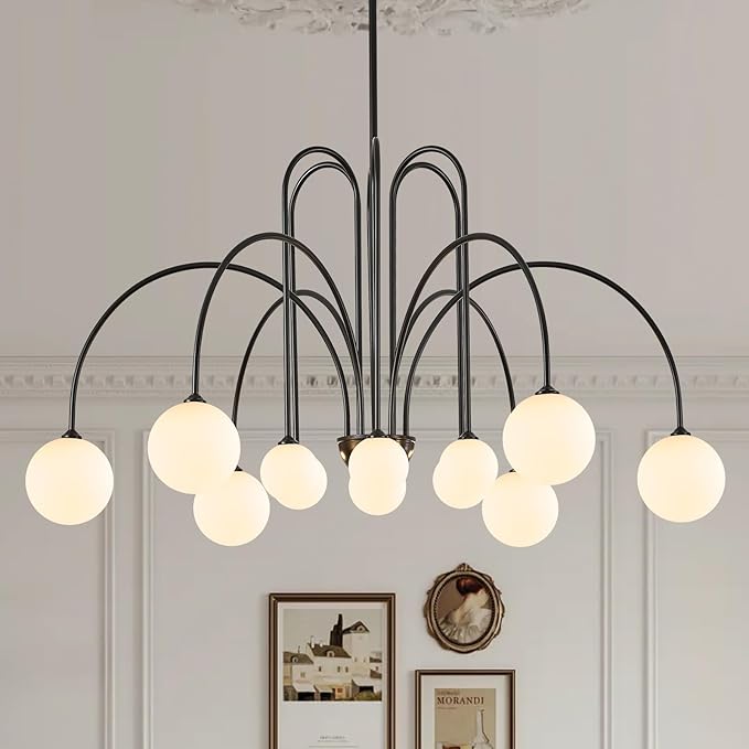 CATINER Black Sputnik Chandeliers 12 Lights Modern Chandelier for High Ceiling Large L52”Mid Century Ceiling Pendant Light Fixtures with Milk Glass Globe Shades for Living Dining Room Foyer Staircase