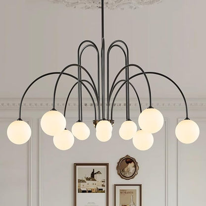 CATINER Black Sputnik Chandeliers 12 Lights Modern Chandelier for High Ceiling Large L52”Mid Century Ceiling Pendant Light Fixtures with Milk Glass Globe Shades for Living Dining Room Foyer Staircase