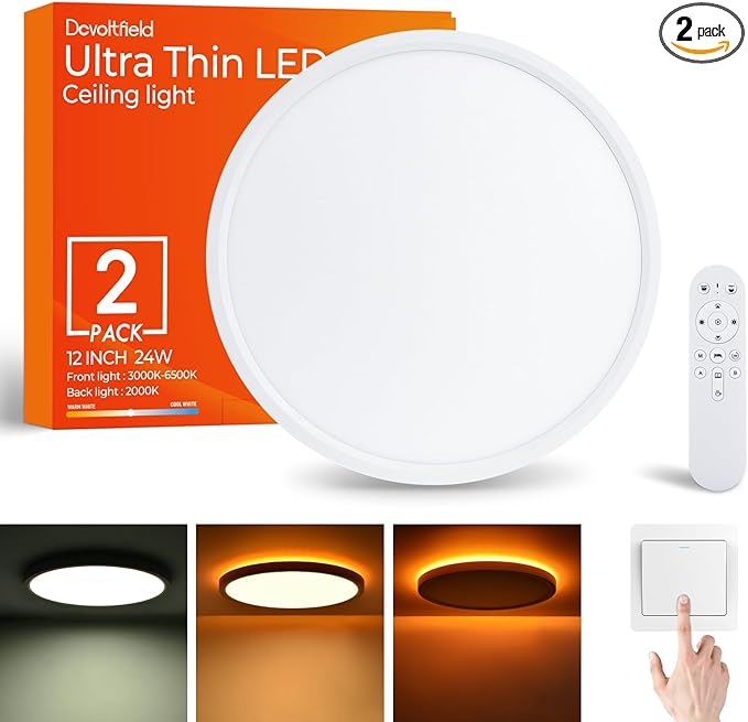 2Pack Dimmable LED Flush Mount Ceiling Light Fixture with Remote Control, 24W 2640LM, 12Inch, 2000K Warm Night Light & 3000K-6500K, Modern Super Slim Ceiling Lamp for Bedroom Kitchen, White