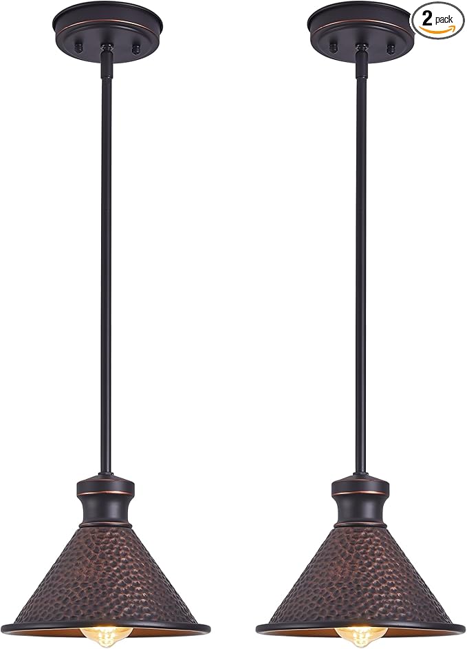 Tarentlight Pendant Light (2 Packs), Kitchen Lights Ceiling Hanging,Oil-Rubbed Bronze Finish, Farmhouse Lighting for Kitchen Island Room,Vintage Hammered Textured Aluminum Shade, Height Adjustable