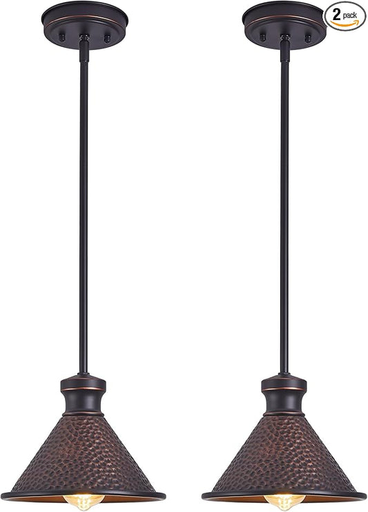 Tarentlight Pendant Light (2 Packs), Kitchen Lights Ceiling Hanging,Oil-Rubbed Bronze Finish, Farmhouse Lighting for Kitchen Island Room,Vintage Hammered Textured Aluminum Shade, Height Adjustable