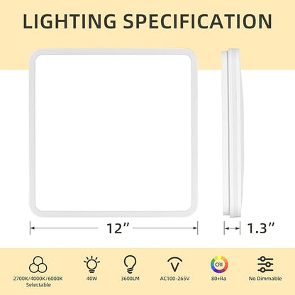 6PK 12 Inch LED Flush Mount Ceiling Light with Side Light, 40W, 2520LM, 3000K/4000K/6000K CCT Selectable, White Square LED Ceiling Light for Hallway, Kitchen, Bedroom, Laundry Room