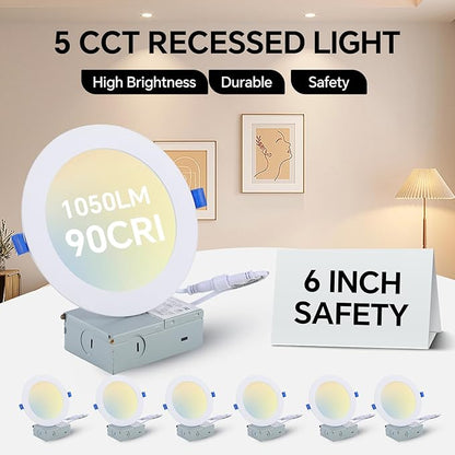 Simple Deluxe 12 Pack 6 Inch Ultra-Thin Recessed Ceiling Light with Junction Box,2700K-5000K 5CCT,1050LM 12W Eqv 110W Brightness Dimmable Canless Wafer Downlight ETL&FCC