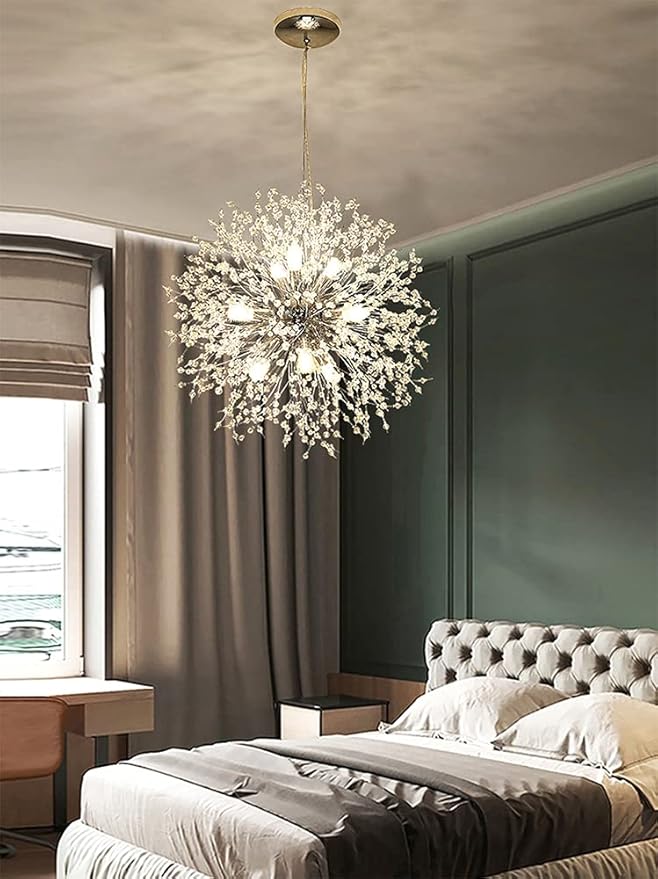 Modern Crystal Chandeliers 12-Light Chrome Dandelion Light Fixture,Firework Chandelier,Personalized Ceiling Hanging Lighting for Bedroom,Dining Room,Kitchen,Living Room Chandelier