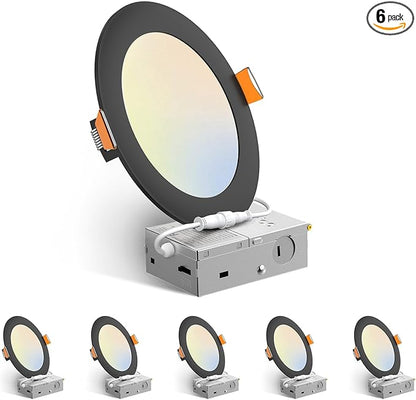 Amico 6 Pack 6 Inch 5CCT Ultra-Thin LED Recessed Ceiling Light with Junction Box, 2700K/3000K/3500K/4000K/5000K Selectable, 12W Eqv 110W, Dimmable Canless Downlight, 1050LM High Brightness,Black