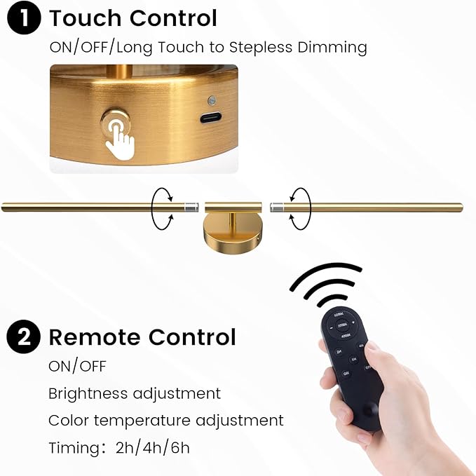 JOFIOS Battery Operated Wall Sconces Set of 2, 360°Rotation Wireless Rechargeable Wall Lights: Dimmable Detachable Wall Lamp with Remote Control, 3000K-6000K Infinite Dimming Wall Sconce 34.7 Inch