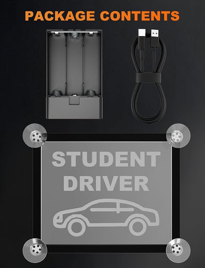 Student Driver LED Car Sign, New Driver Warning Sign, Amber Light Car Interior Accessories Suction Cup Mounted Gift for New Rookie Learner Drivers