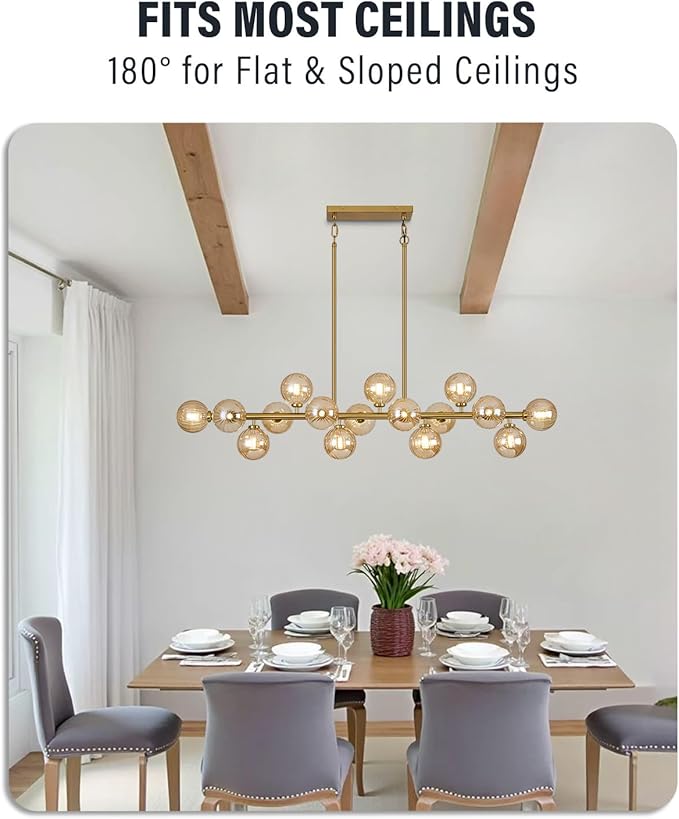 55" Long Brass Gold Chandeliers for Dining Room Kitchen Island, Large Globe Sputnik Linear Chandelier, 16 Lights Mid Century Modern Light Fixture Over Table, Amber Bubble, GC-08