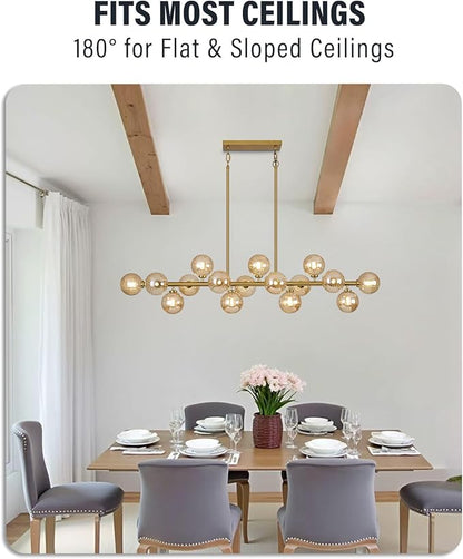 55" Long Brass Gold Chandeliers for Dining Room Kitchen Island, Large Globe Sputnik Linear Chandelier, 16 Lights Mid Century Modern Light Fixture Over Table, Amber Bubble, GC-08