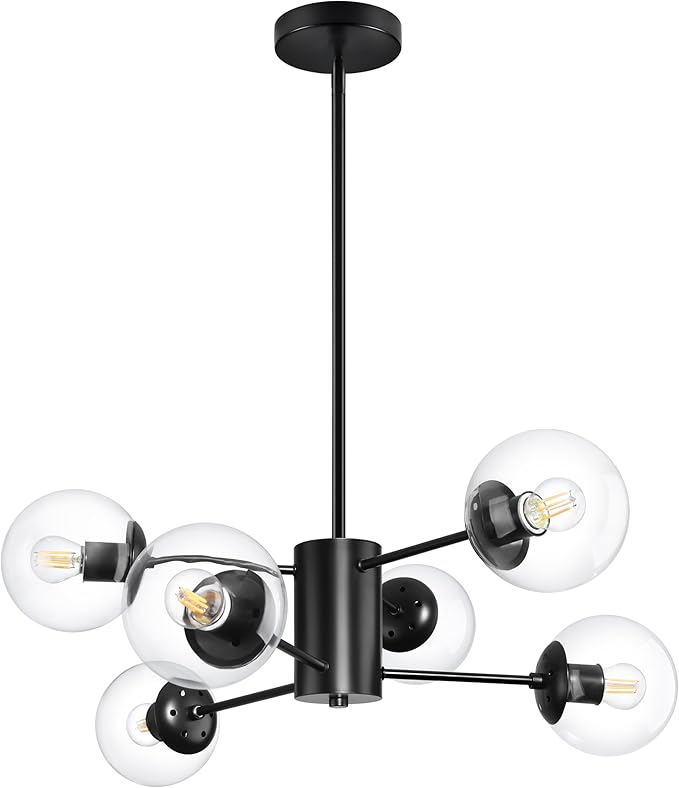 Bagood 6-Light Globe Sputnik Chandelier Modern Black Sputnik Chandelier Mid Century Pendant Light Matte Black Finished with Clear Globe Glass Lampshade Chandeliers for Dining Room Kitchen