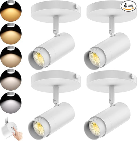 5-Color LED Ceiling Spot Lights Indoor 15-60° Zoomable 10W Flush Mount Ceiling Spotlight, Adjustable Directional Lighting Accent Fixture for Living Room Kitchen Cabinets White 1000lm 4-Pack
