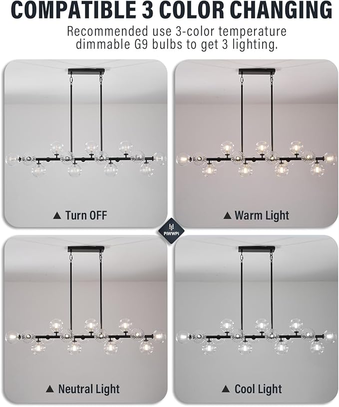 Large Linear Chandeliers for Dining Room Kitchen Island, 55" Long Light Fixture Over Table, 16-Light Modern Glass Globe Sputnik Farmhouse Chandelier, Black and Clear Bubble, GC-08