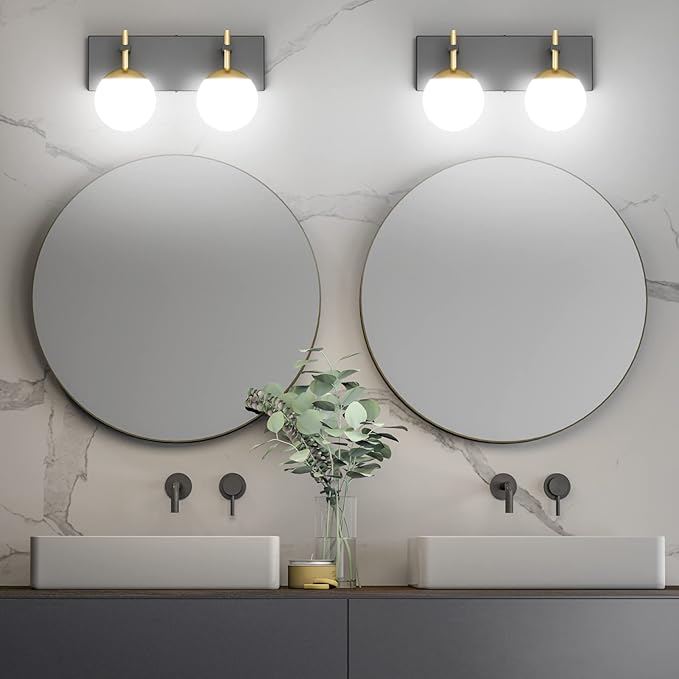Ralbay 2-Light Black and Gold Vanity Lights Mid Century Modern Bathroom Wall Lighting Milky Glass Globe Black Gold Vanity Light for Bathroom