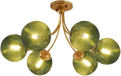 Green Glass Flush Mount Ceiling Lights Fixture 6-Light Gold Mid Century Modern Chandelier Green Hand Blown Glass Chandelier Vintage Pendant Light for Bedroom Living Dining Room