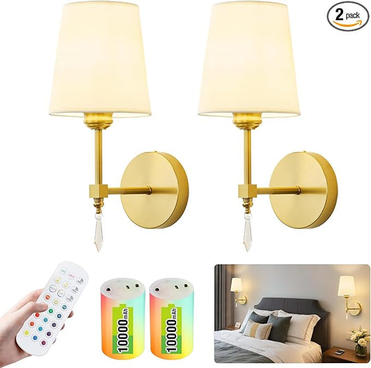 Wireless Wall sconces Set of Two,10000 Mah Battery Operated Wall Sconce with Remote,Dimmable 12 RGBS Rechargeable Wall Sconce,Cordless sconces wall decor set of 2 for Living Room,Bedroom (Gold)