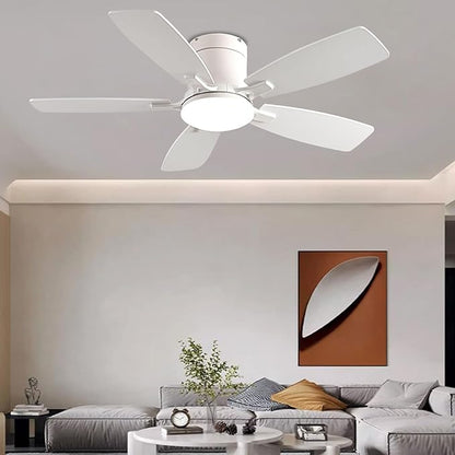 Ayaoty Ceiling Fans with Lights, 42 inch Low Profile Ceiling Fan with Light and Remote Control, Flush Mount, Reversible Motor, Dimmable, Noiseless, White Ceiling Fan for Bedroom, Indoor/Outdoor Use
