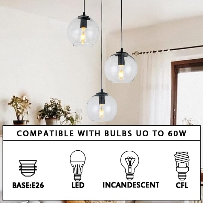 3 Lights Hanging Pendent Ceiling Chandelier, Mid Century Modern Industrial Farmhouse Kitchen Light with Clear Glass Shades