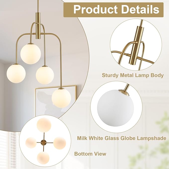 4-Light Mid Century Modern Chandelier Milk Glass Globe Chandelier Light Fixture Gold Sputnik Hanging Pendant Light for Dining Room Kitchen Island Entryway