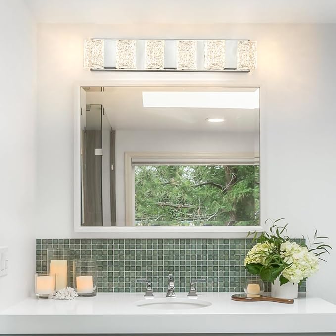 Modern 6-Lights Bathroom Vanity Lighting, Chrome Crystal LED Bathroom Light Fuxtures over Mirror, Art Deco Dimmable Wall Sconce, Crystal Bathroom Light, Acrylic Hardwired Wall Lamp(H4.33in, L22.64in)