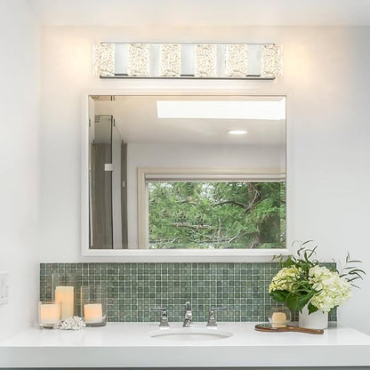 Modern 6-Lights Bathroom Vanity Lighting, Chrome Crystal LED Bathroom Light Fuxtures over Mirror, Art Deco Dimmable Wall Sconce, Crystal Bathroom Light, Acrylic Hardwired Wall Lamp(H4.33in, L22.64in)