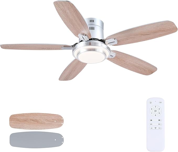 Hounberi 50 Inch Low Profile Ceiling Fans with Lights and Remote, Modern Flush Mount Brushed Nickel Ceiling Fan, 3CCT, Dimmable, Quiet DC Reversible Motor, for Bedroom Living Room Indoor/Outdoor Use