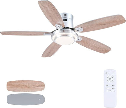 Hounberi 50 Inch Low Profile Ceiling Fans with Lights and Remote, Modern Flush Mount Brushed Nickel Ceiling Fan, 3CCT, Dimmable, Quiet DC Reversible Motor, for Bedroom Living Room Indoor/Outdoor Use