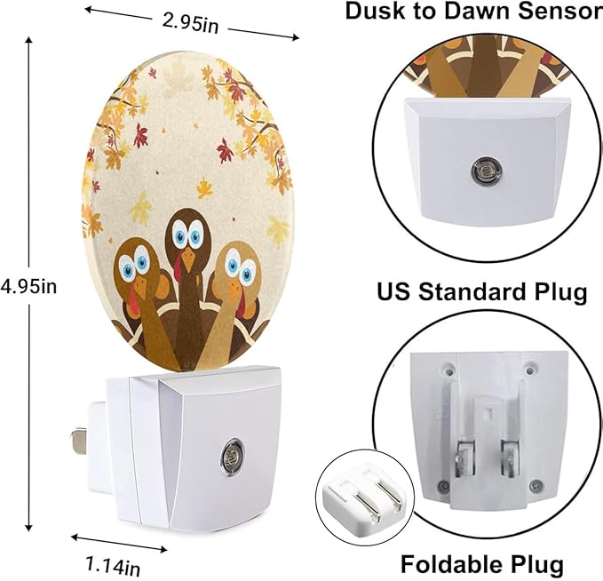 EKOBLA Thanksgiving Turkey Plug-in Night Light, Autumn Red Maple Leaf LED Nightlight with Light Sensor for Home