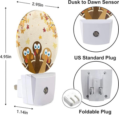 EKOBLA Thanksgiving Turkey Plug-in Night Light, Autumn Red Maple Leaf LED Nightlight with Light Sensor for Home