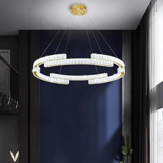 Modern Led Ring Pendant Light Dimmable Crystal Chandelier for Living Room Dining Room Adjustable 40 inch Gold