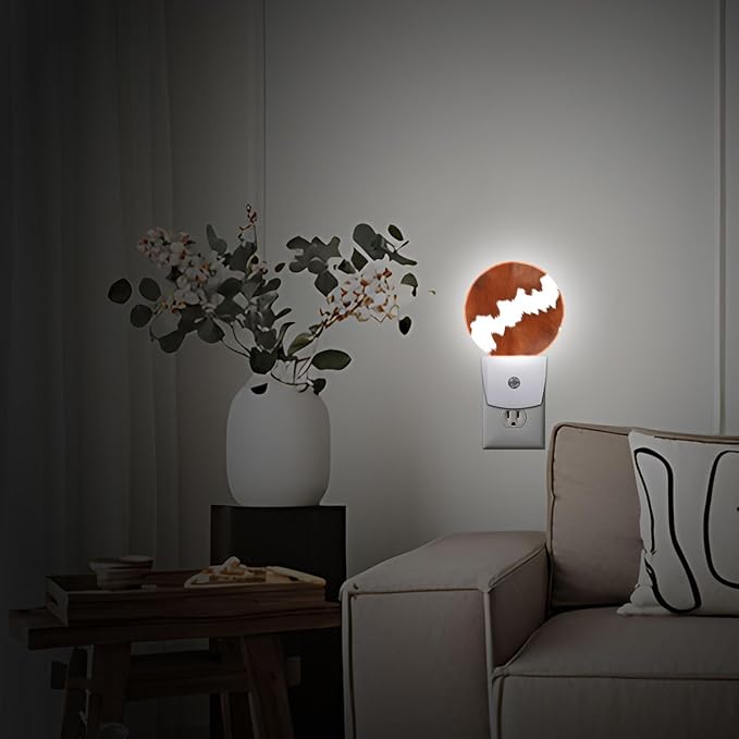 Brown Cowhide Leopard Night Light Plug Into Wall Auto Led Sleep Round Lamp for Living Room Hallway Stairs