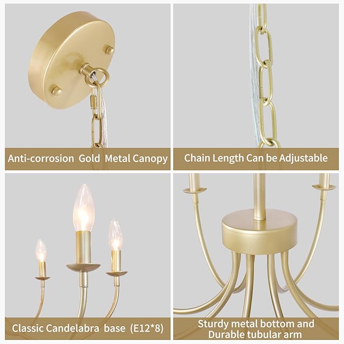 8-Light Gold Chandeliers for Dining Room, Farmhouse Dining Room Light Fixtures, Rustic Candle Chandelier Light Fixtures for Living Room, Kitchen, Staircase, Entryway, Foyer