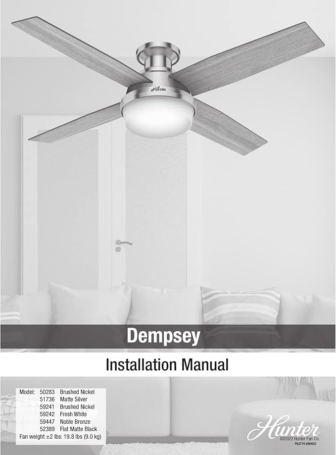 Hunter 52 inch Indoor Ceiling Fan with LED Light and Remote Control - Black Modern Ceiling Fan, Low Profile Mount, 4 Blades, for Bedroom, Living Room, or Kitchen, Quiet - Dempsey 52389, Matte Black